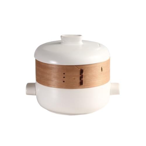 MsiDtsoy 蒸し器 竹製 家庭用 多層蒸し器 セラミック製 (1L,ホワイト)