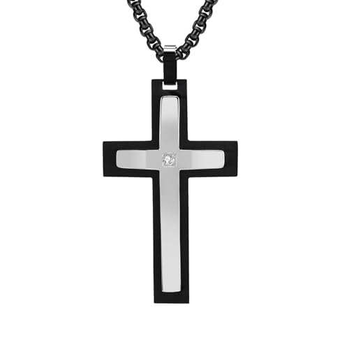 Collier Homme Acier Inoxydable Anti-Ternissement Croix Bicolore Noire