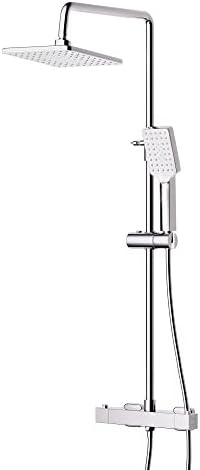 MORADO Thermostatic Shower System,Adjustable Height Thermostatic Shower Set,Shower Bar Set with Rainfall Shower Head and 3-Functions Hand Shower,Chrome Plated, Square Shape