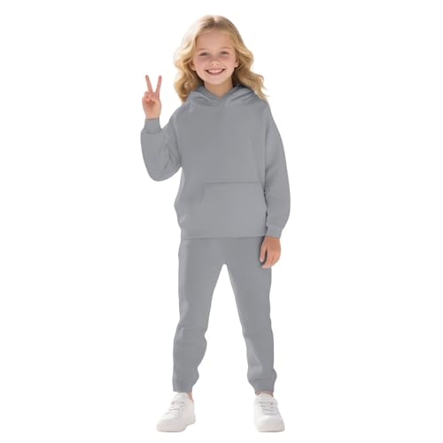 Teens Solid Color SweatSuit Long Sleeve 2 Piece Hoodie Pullover Athletic Cargo Joggers Oversized Sweatpants with2