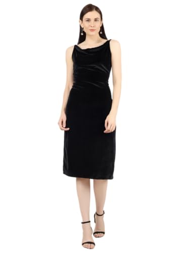 Image of Anvi Be Yourself Women's Solid Shoulder Strap Sleeveless Velvet Midi Bodycon Dress || Trendy Womens Cowl Neck Strappy Sheath Casual Dress with Side Slit || Western Plain One Piece Dress for Women