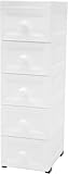 Schubladenschrank Kunststoff, Rollcontainer mit 5 Schubladen Rollschrank aus Kunststoff Aufbewahrungsturm Bastelwagen mit Schubladen, 25x34x82 cm für Badezimmer Büro Wohnzimmer mit Blumengriff Weiß