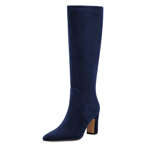 Image of VIUGJNEX Knee High Boots Pointed Toe Chunky Heel Tall Boots for Women