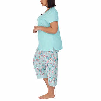 Image of Carole Hochman Women's 4-Piece 100% Cotton Pajama Set - V-Neck T-Shirt, Tank, Capri Pants & Shorts with Drawstring & Pockets