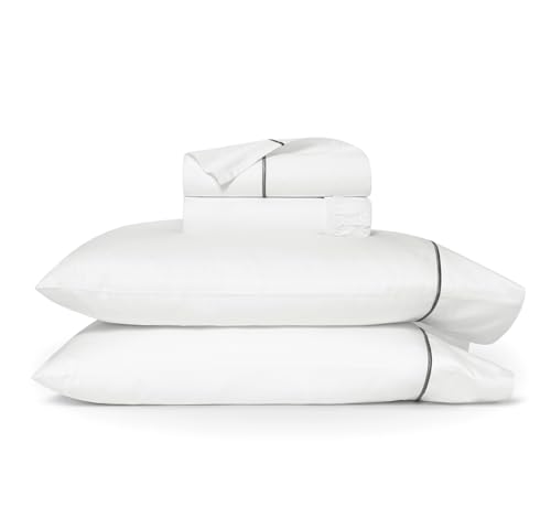 BOLL & BRANCH Signature Embroidered Sheet Set - Queen, White/Stone - Luxury 100% Organic Cotton - 1 Flat, 1 Fitted, 2 Pillowcases