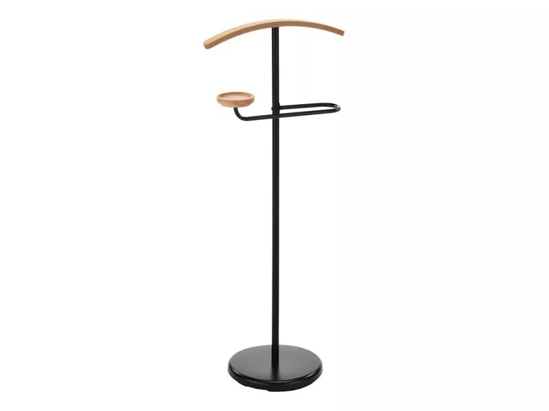 Albin, wieszak na garnitur, czarny z akcentami z drewna bukowego, metal i drewno, wysokość 105 cm, wielofunkcyjny z półką
