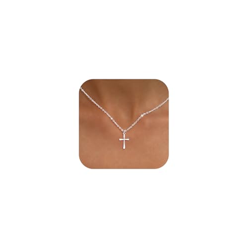 Silver Cross Necklace for Women Sterling Silver Plated Cross Jewelry Non Tarnish Waterproof Pendant Chain Everyday Simple Christian Religious Baptism Faith Charm Trendy Cute Dainty Jewelry Gift