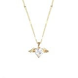 14K Gold Angel Wing CZ Heart Pendant Women Necklace Dainty Cubic Zirconia Accented Love Charm with Adjustable 16-18'' Chain, Gift for Her Christmas, Baptism, Wedding, Birthday, Anniversary ( Box Included)