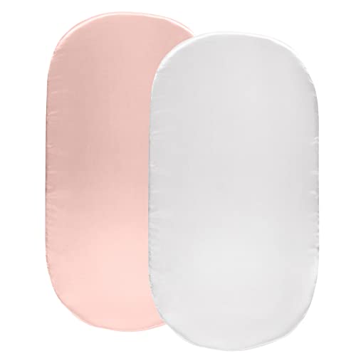 Image of SiinvdaBZX 2 Pcs Satin Bassinet Sheets for Baby Girl, Pink & White | Silk-Like Soft Bassinet Fitted Sheets for Hourglass, Oval & Rectangular Bassinet Mattress