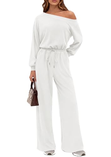 PRETTYGARDEN Womens Off Shoulder Long Sleeve Jumpsuit,White,M