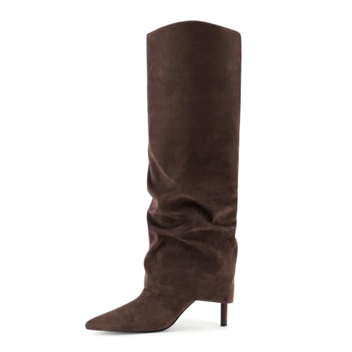 Image of Vaslemuse Womens Fold Over Knee High Boots Pointed Toe Sexy Slouch Boots