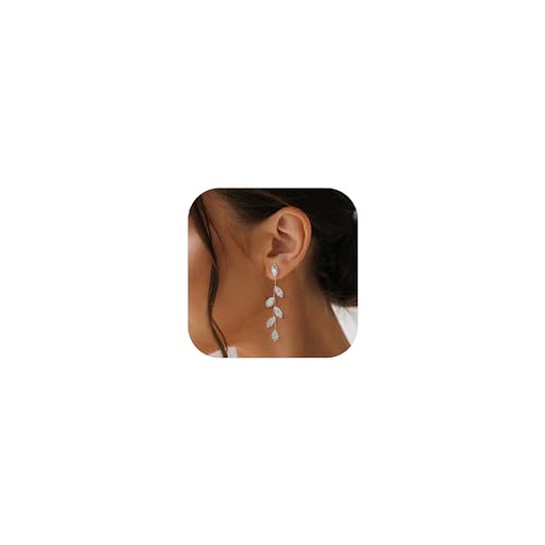 Chriscoco Pendientes Mujer Plata de Ley 925 Postes Hipoalergenicos Pendientes Largos Hojas CZ Cristal Pendientes Fiesta Boda Pendientes Largos Mujer Plata