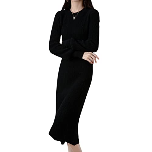 Robe pull vintage ajourée en cachemire noir : robe midi moulante manches longues pour femme M