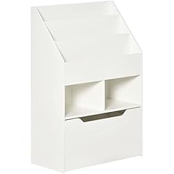 Cajones Para Juguetes Con Ruedas HOMCOM Estantería Infantil de Madera con 3 Compartimentos 2 Cubos y Cajón Móvil con 4 Ruedas Librería Infantil para Habitación de Niños Sala de Juegos 60x29,9x90 cm Blanco