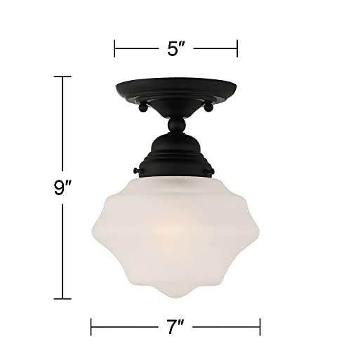 Regency Hill Schoolhouse Vintage Rustic Farmhouse Ceiling Light Semi Flush-Mount Fixture 7" Wide Gloss Black White Frosted Glass Shade For Bedroom Kitchen Living Room Hallway Dining Bathroom #TOP3