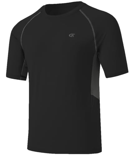 Huayuzh Mens Swim Shirts Short Sleeve Rash Guards Rashguard UPF 50+ Quick Drying T-Shirts Surfing Pool Beach Sports Top Black XL