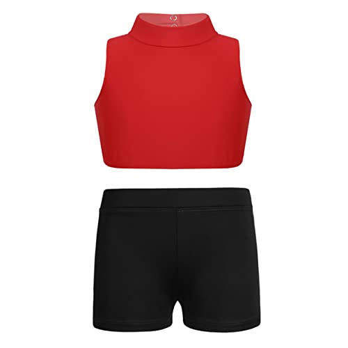 Girls Dance Sports Tracksuit Criss Cross Back Turtle Neck Crop Top & Booty Shorts Gymnastic Set2
