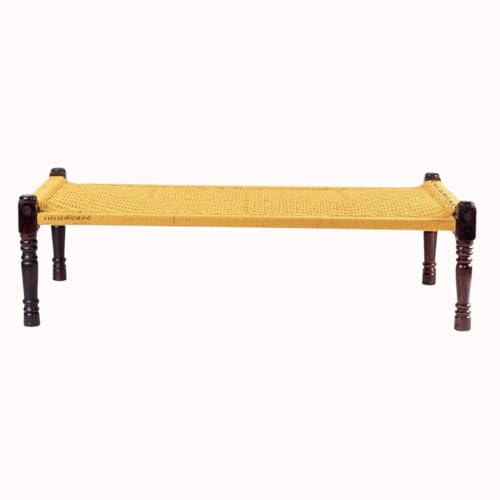 FURNWEAVE Solid Sheesham Wood Handmade Rajasthani Charpai | Cotton Rope Khatiya Charpai Single Bed Without Storage | Wooden Cot Bed | Khatiya-Khaat | 6x3 Feet | Yellow