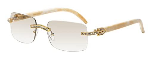 Retro Vintage Style Rimless Clear Lens Sunglasses for Women & Men Luxury Glasses Fashion Crystal Wood Eyewear Shades (Gold Marble/Clear Tint)
