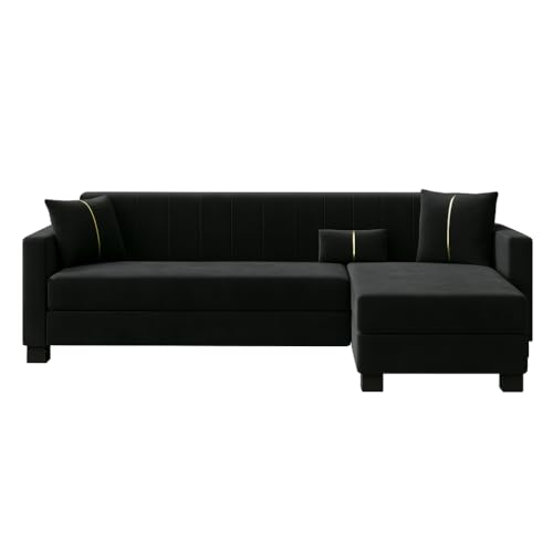 Image of SOCOZI Almeria 4 Seater RHS L Shape Sofa Set | Soft Velvet Suede Fabric | Modern Design | Plush Comfort Cushions for Living Room (Black)