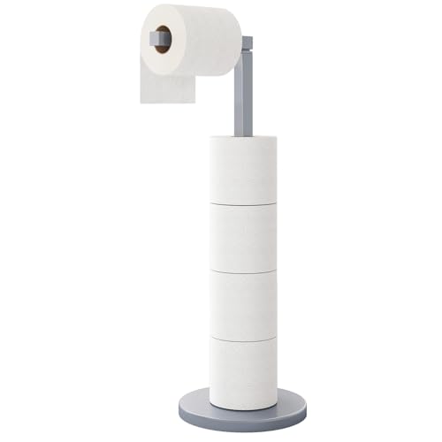 Fixwal Toilet Paper Holder Stand, Free Standing Modern Bathroom Holder with Stable Weighted Base, Rustproof Tissue Roll Holder, Toilet Storage and Organize (Dark Silver)