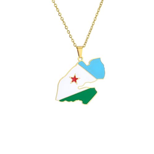 Macracrua Djibouti Pendentif Carte Drapeau Collier Acier Inoxydable Email Unisexe Patriotique Ethnique Bijoux Cadeau pour Femme Homme, 50cm Chain, Acier inoxydable, Pas de gemme