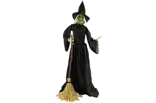 Haunted Hill Farm 71-in. Witch with Broomstick Animatronic, Indoor/Outdoor Halloween Decor, Poseable & Talking Animated Halloween Prop, Battery Operated