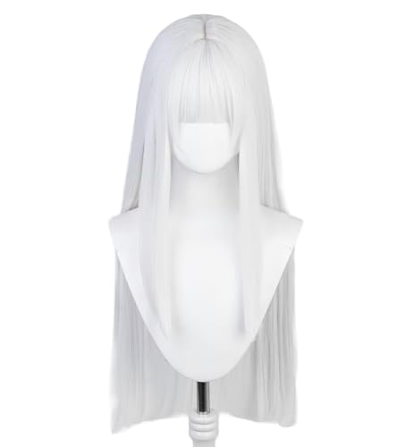 COSPLAZA White 80cm 32 Inches Long Straight Womens Cosplay Wig Middle Parted with Flat Bangs High Temperature Heat Resistant Fiber