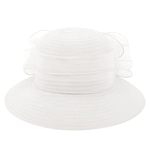 Haoohu Women's Church Derby Hat Wide Brim Bow Bucket Hat Wedding Dress Hat Fascinator Bridal Tea Party Hat White #TOP1