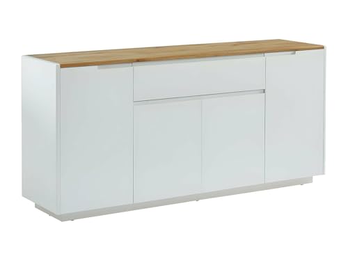 Vente-unique - Aparador de 4 Puertas y 1 cajÛn MDF Lacado Blanco, Blanco y Roble - Amani