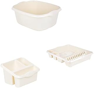 M1SS (Set of 3) - Plastic Large Kitchen Sink 39 cm Rectangular Washing Up Bowl, Sink Tidy and Large Dish Drainer (Soft Cream)