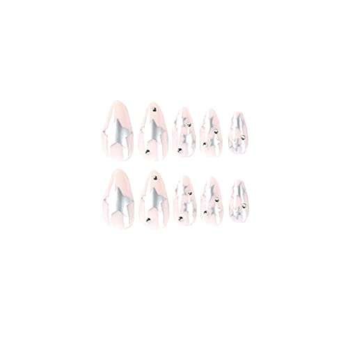Almond Press On Nails Medium Fake Nails Silver Stars False Nails Full Cover Glue On Nails With Rhinestones Design Glossy Nude Acrylic Nails For Women Girls Daily Manicure Art Decorations(24Pcs) #TOP7