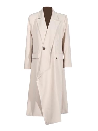 Niiyyjj Chaqueta larga asimétrica de un solo botón para mujer con bolsillos, color sólido, cintura alta, acampanada, gabardina, Crema-Blanco, S