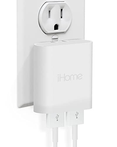 iHome 2 Port USB Wall Charger: AC Pro Multiport USB Charger, USB Plug Adapter & Phone Charging Block, Double USB Wall Plug, Flat 2 Port USB Charger & USB Wall Adapter