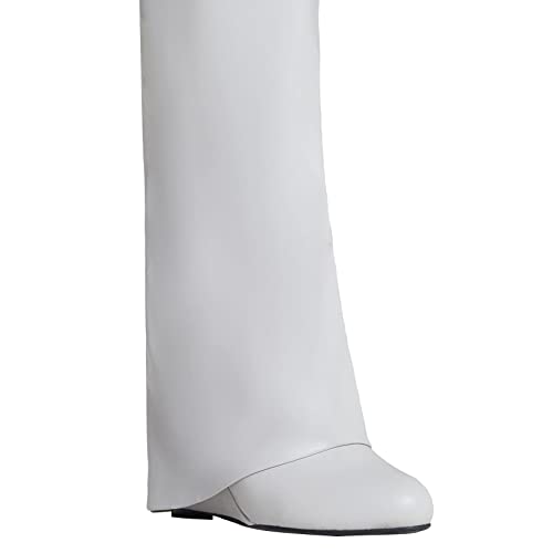 Image of Knee High Boots Womens Wedge High Heels Shark Boots Fold Over Pull-on Pointed Toe Tall Fashion Boots for Women
