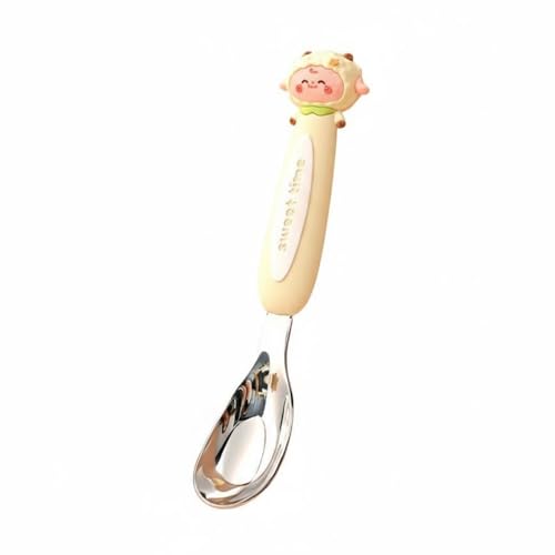 Folpus Cuchara para Bebé de Acero Inoxidable con Diseño Infantil Cuenco Profundo Bordes Redondeados y Personaje Adecuada para Alimentación Independiente de Niños Pequeños, Oveja