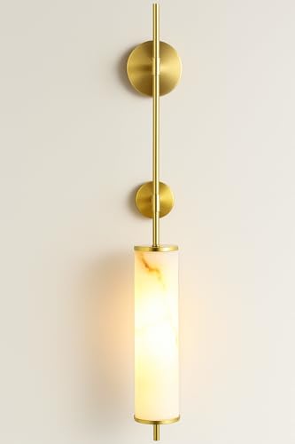 Image of blissbells Modern Brass & Alabaster Wall Sconce Light - Vertical Cylinder Design for Bedroom, Living Room & Hallway Decor (Cylindrical Sconce)