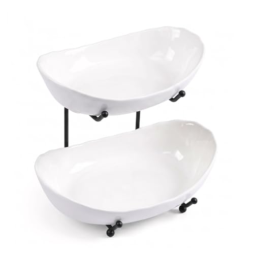 Ceramic Fruit Bowl for Kitchen Counter, 3 Tier Fruit Basket with Metal Stand, Tiered Fruit Stand for Countertop, Snack, Nuts, Cake, Dessert (2 tier)