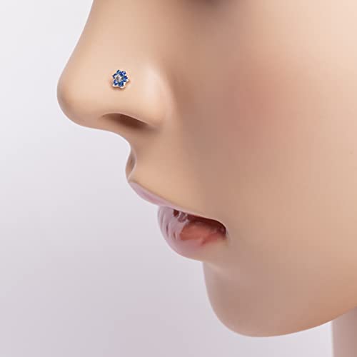 14K White Gold Real Blue Sapphire And Diamond Flower Wedding Nose Piercing Ring Stud Pin #TOP3