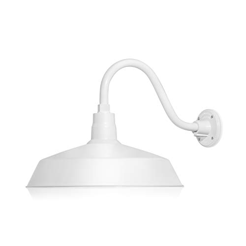 17in. White Finish Outdoor Gooseneck Barn Light Fixture with 14.5 in. Long Extension Arm - Wall Sconce Farmhouse, Vintage, Antique Style - UL Listed - 9W 900lm A19 LED Bulb (5000K Cool White) by HTM LIGHTING SOLUTIONS - Used condition - US$81.58