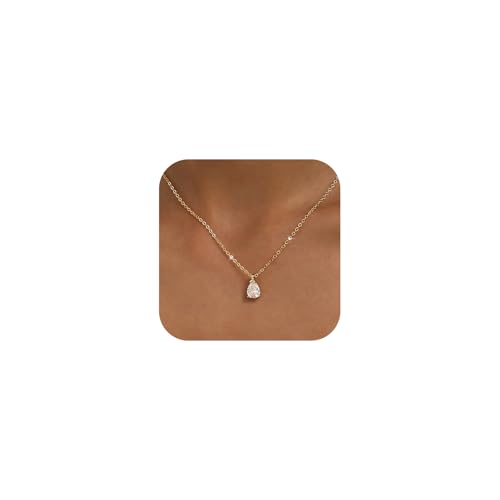 KISSCLOUD Gold Teardrop Necklace for Women 14K Gold Plated Tear Drop Pendant Necklace Chain Dainty Cubic Zirconia Crystal Charm Wedding Jewelry Trendy Jewelry Gift