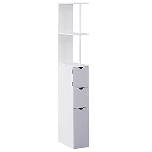 HOMCOM 54″ Tall Bathroom Storage Cabinet, Freestanding Linen Tower with 2-Tier Shelf and Drawers, Narrow Side Floor Organizer, White