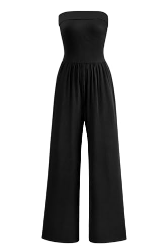 PRETTYGARDEN Tube Jumpsuits for Women Dressy Casual Off Shoulder Wide Leg Rompers Jumper One Piece Vacation Summer Outfits 2026 (Black,XL)