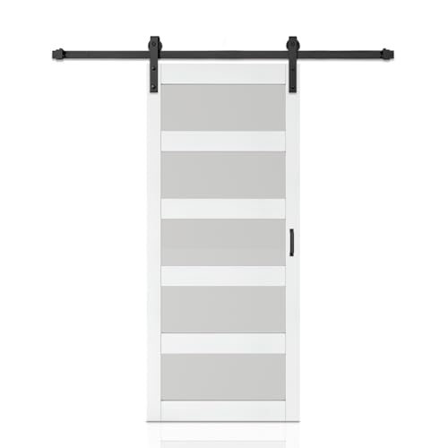 36 in. x 84 in. 5 Lite Tempered Frosted Glass White Finished Composite Interior Sliding Barn Door with Hardware Kit
