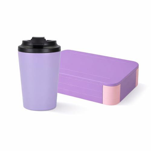 Image of YELONA Lunch Box + Tumbler Combo for Office & School | BPA Free Leakproof Bento Lunch Box with Compartments | 350ml Stainless Steel Insulated Coffee Mug - Magenta Purple