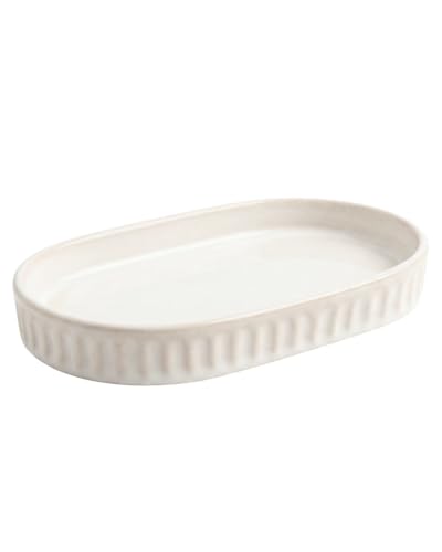 Sand White Oval Ceramic Vanity Tray for Bathroom, Jewelry Perfume Organizer