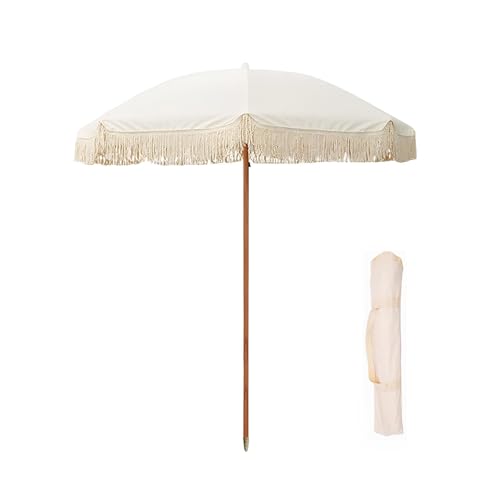 Sombrilla de jardín portátil de 180 cm con flecos, parasol UV 50+, diseño de 8 costillas, perfecto para playa, patio, piscina, balcón, mercado, incluye práctica bolsa de transporte