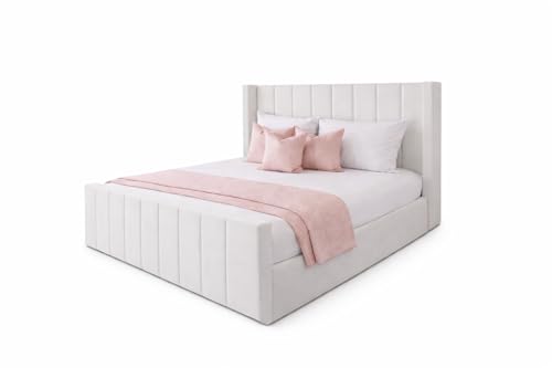 Royal Wingback Bed Frame | Double King SuperKing Size | Fully Upholstered Luxury Bed | Optional Gas Lift & Mattress (White Plush, Double 4ft6 Bed Frame)