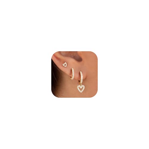 KINHOPI Ohrringe Gold 14K Vergoldet Creolen Klein Anhänger Mädchen Wasserfest Herz Goldene Ohrringe Damen Zirkonia Set für Mehrere Piercings Schmuck Geschenke 3 Paar
