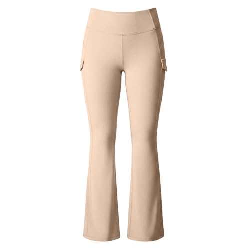 Women Workout Flare Leggings High Waisted Fleece Lined Cargo Leggings Beige - image 6
